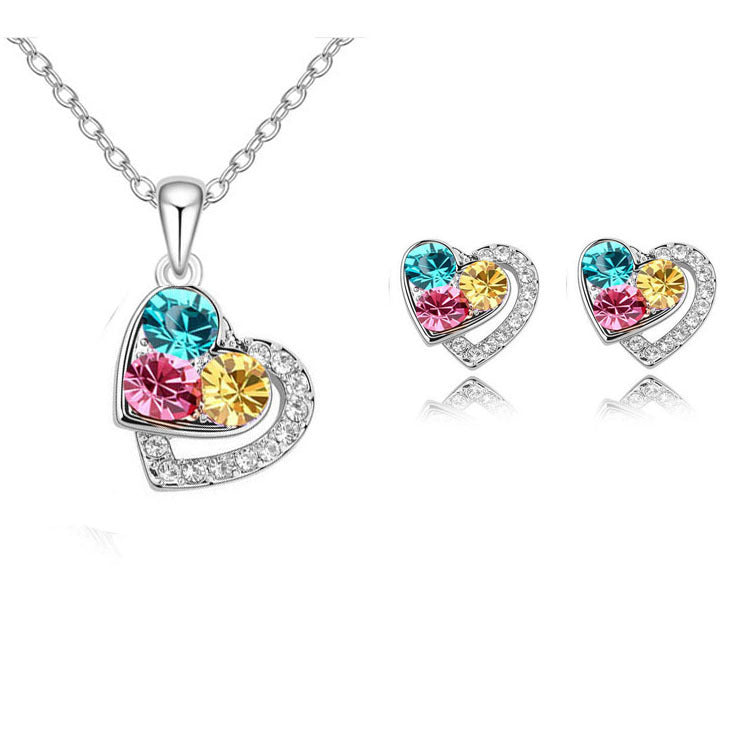 Wholesale Necklace Set Colorful Diamond Heart Shape Female Pendant Alloy Earrings